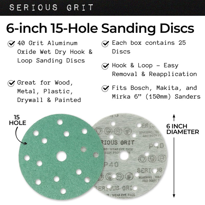 Serious Grit - 6-Inch 15-Hole 40 Grit Sanding Discs -
