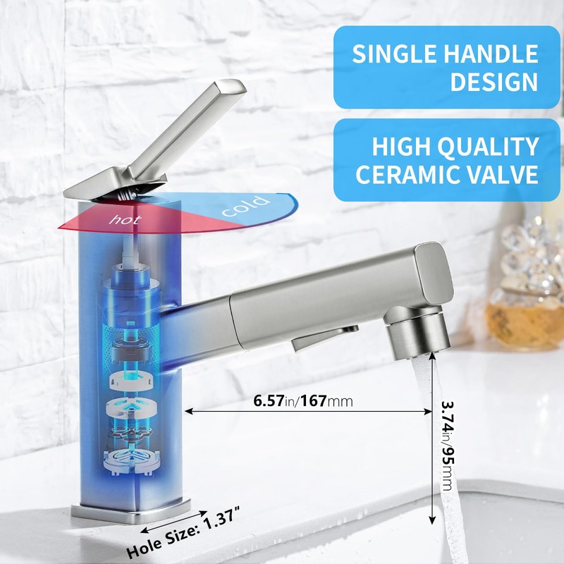 HANLIAN Single Hole Bathroom Pull Out Faucet with Rotating Spout,