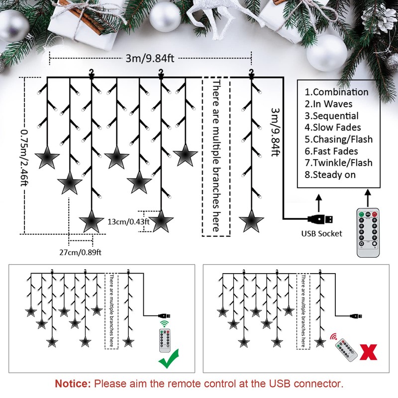 BLOOMWIN Light curtain star light chain curtain, USB 8 modes,