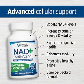 DOCTORS' PREFERRED Suplemento antienvejecimiento NAD+ con resveratrol y CoQ10 | 60 Cápsulas | Apoyo celular avanzado y salud cognitiva