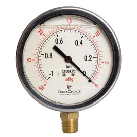 4" Oil Filled Vacuum Pressure Gauge - Stainless Steel Case, Brass, 1/2" NPT, Lower Mount Connection, 30HG/0PSI