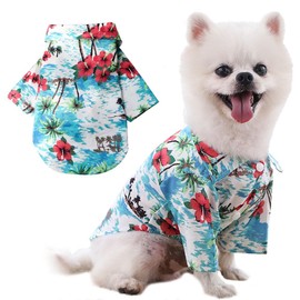 Voarge Pet Polo Shirt, Hawaiian Style Floral Dog Shirt, Printed T-Shirts, Stylish Breathable Dog Summer T-Shirt for Small to Medium Dogs Cats (Island Blue, XL)