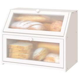 Vriccc White Bread Box for Kitchen Counter, Large Bamboo Wood Double Layer Bread Box, Wooden Bread Storage Capacity