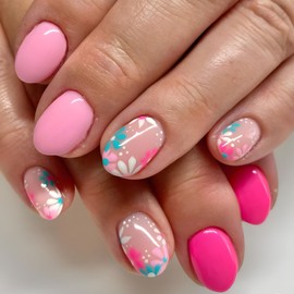 24Pcs Oval Press on Nails Short, Glossy Pink Flowers False Nails, Spring Summer Floral Artificial Fake Nails Glue on, Natural & Reusable Acrylic Full Cover Manicure Kit for Women Girls