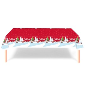 BOFYTR Christmas Table Cloth, Christmas Table Decoration Red Plastic Table Cover with Santa and Snowman, 137 * 274cm Disposable Xmas Table Decor and Supplies