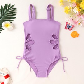 Girls Swimsuit One Piece Bathing Suit Adjustable Straps Solid Color Cut Out Butterfly Girls' Swimwear for 7-14Y(Purpue,13-14Y)