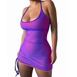 y2k Trendy Halter mesh Mini Dress Women Summer Sleeveless Ruched Bodycon Low Cut Open Back Sundress Drawstring Club Night Going Out Rave Cocktail Outfits Fairy Party Short Dress Royal Blue hot Pink M