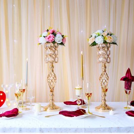 24in Metal Diamond Crystal Wedding Centerpiece Vases for Tables Set of 2, Gold Road Lead Tall Flower Holders Centerpiece Flower Stands for Wedding Party Reception Dining Room Living Room Décor