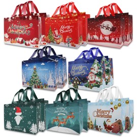 Tiuyov Christmas Gift Bags 16 Packs, 12.6 x 9.8 x 6.7 Inches Christmas Tote Bags Medium Size Holiday Gift Bags with Handle, Reusable Non-Woven Shopping Bags Gift Bag for Christmas (Christmas-B)