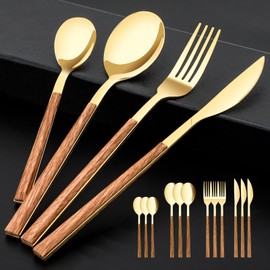 Stainless Steel Flatware Set for 4, Cutlery Utensils Set with Simulated Wooden Handle Include Knives Forks Spoons Service for 4, Mirror Polished and Dishwasher Safe (Gold)
