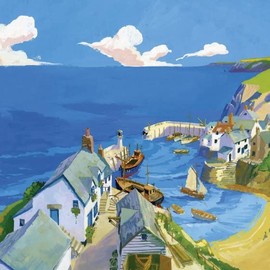 Abacus Cards Open Artistic Blank Greeting Card - 'Cream of Cornish' - Lovely Painting of Harbour Town - From The Birchwood Range - Suitable for Birthdays, Anniversaries and Other Occasions