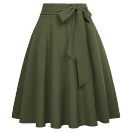 Belle Poque Vintage Casual Skirt for Women Dark Olive Green A-Line Flared Swing Midi Skirt with Pockets S