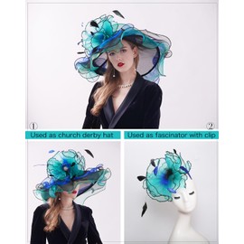 Z&X Womne's Dual-use Organza Church Kentucky Derby Hat Bow Fascinator Clip Wide Brim Ruffles Wedding Hat Blue Green, #03a- Green and Black, One Size