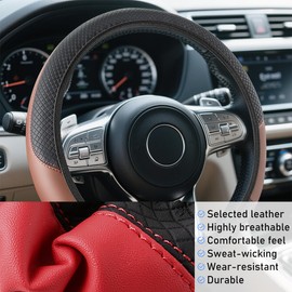Car Steering Wheel Cover, Elastic Stretch Leather Non-Slip Vehicle Steering Wheel Guard, Automotive Interior Protective Decor Accessories, Universal for SUV RV Truck (Black/Coffee)