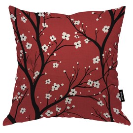 Beabes Cherry Tree Decorative Throw Pillows Covers, Japanese Floral Cherry Throw Cushion Cover Cotton Linen Pillowcases for Bedroom Sofa Living Room, 18x18 Inch, Red White
