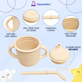 HippoBaby Silicone Transition Sippy Cup for 6+ month old | Includes 1 Toddler straw cup & 1 Baby Sippy Cup with Handles | Baby Sippy Cups | Perfect for Baby Led Weaning (Cream/Rose Quartz, 5 oz)