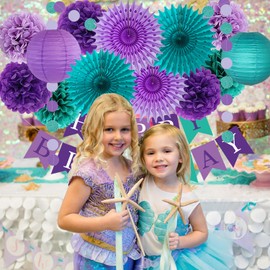 Meerjungfrau Geburtstag Deko Lila Lavendel Party Dekorationen Lila Matt Blaugrün Papierfächer Laternen Papier Pom Poms Kreis Punkt Girlanden für Meerjungfrau Geburtstag Mädchen Babyparty Party Deko