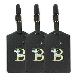 YELARXI Luggage Tags, Initial Letter Travel Luggage Baggage Labels PU Leather Waterproof for Privacy Protection ID Suitcase Identifier Backpack (3 Pack, Black B)