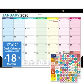 2026 Desk Calendar - 18 Monthly Calendar 2026-2027, Jan 2026 - Jun 2027, 17" x 12", Large Desk Calendar 2026-2027 with Thick Paper, Large Blocks, Stickers, Home or Office Calendar for Easy Organizing