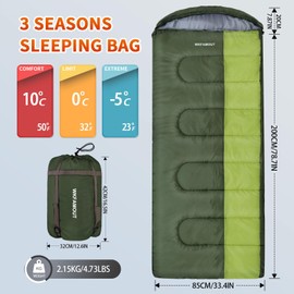 WKFAMOUT XL 10 Degree Sleeping Bags Waterproof for Adults 350GSM Machine Washable with Compression Sack for 3-4 Season Camping Outdoor