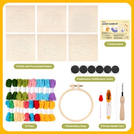 Pllieay 6PCS Punch Needle Coasters Kit, Punch Needle Kit for Beginners and Adults with Patterns, Adhesive Felt, Tools, Yarns, Hoop and Instruction, DIY Punch Needle Embroidery Crafts