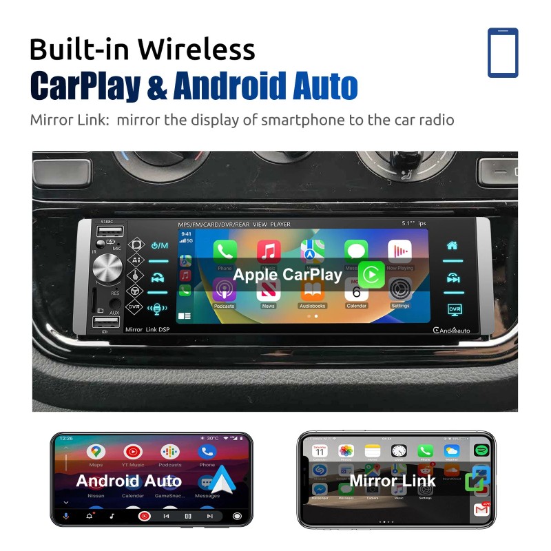 ESSGOO Single Din Car Stereo Wireless Apple CarPlay 5.1 Touchscreen