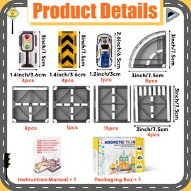 GQIRIL Magnetic Tiles Road for Kids - Magnet Tiles Road Set with Car, Race Track Building Blocks Montessori Toys for Ages 3-5 4-8, Educational Learning Racing Construction Birthday Gifts