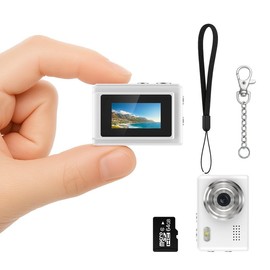 Mini Digital Camera, 0.96in Small Keychain Camera, 1080P Point and Shoot Digital Camera with 64GB TF Card, 6 Filters, Fill-in light, Keychain, Landyard, USB Cable for Boys Girls Teens Adult Charging Compact Pink - Color: White