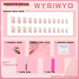 QQPPOLIU Press on Nails,Square Press on Nails with Stripes and Glitter Design False Nails Medium Length for Girl (Pink)