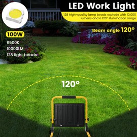 DARKGLORY Waterproof Portable Flood Light 100W 10000 LM LED Work Light with 16.4FT Cord, Job Site Lighting for Workshop Garage Construction Site, Aluminum Outdoor/Indoor Work Lamp