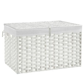 180L Wicker Storage Basket with Lid, Handwoven Rattan Large Shelf Basket with Removable Liner, 47.6 Gallon Wicker Basket for Blanket, Storage Trunk with Handle for Closet, Bedroom, Livingroom, White