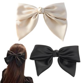 2 Pieces Bow Hair Clips for Women Satin Bow Hair Clips French Fabric Hair Clips for Women Elegant Solid Colors (Black and Beige)