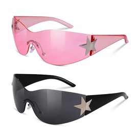 genkigold Y2K Sunglasses for Women and Men: Trendy Oversized Frameless Sun Glasses with Star,Shield Wrap Around,Fashion-Forward Present,Punk Black/Steam Clear/Y2K Pink