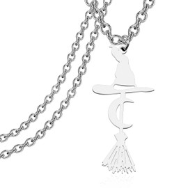 CENWA Stainless Steel Broom Charm Pendant Necklace Witch Broom Broomstick Crescent Moon Hat Charm Necklace (Crescent Moon Hat Necklace)