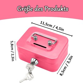 Small Cash Box, Small Safe with 2 Keys, Safe, 11.5 x 8.5 x 5.8 cm, Cash Box Lockable with Key, Wallet, Metal Locker Money Box with Key Lock (Pink)