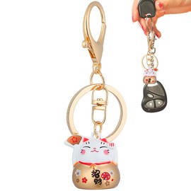 NUOBESTY Lucky Cat Keychain: Japanese Maneki Neko Key Ring with Bell Charm Feng Shui Good Luck Pendant Cute Cat Beckoning Keychain Accessory for Wealth & Fortune