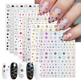 9 Sheets Shiny Star Nail Stickers 3D Self Adhesive Twill Five-Pointed Star Nail Decals Holographic Laser Gold Silver Star Nail Design Colorful Star Nail Supplies for Women Girls Manicure Decoration
