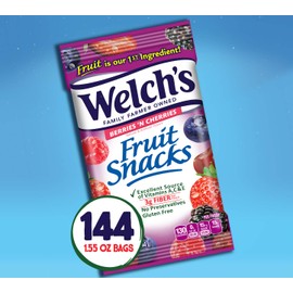 Welch's Fruit Snacks, Berries 'n Cherries, Great for School Lunches, Bulk Pack, Individual Single Serve Bags, 1.55 oz (Pack of 144)