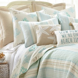 Levtex Stone Harbor Full/Queen Quilt Set, White with Teal & Taupe, Cotton