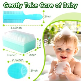 Cradle Cap Brush for Babies, Set of 5 Baby Bath Essentials with Bath Sponge Silicone Scrubber Long Handle Comb for Newborns Toddlers Boys Girls (Green)