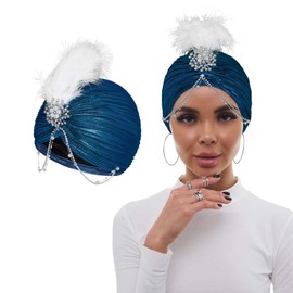 Bohend Flower Rhinestone Turban Hat Vintage Pearl Headwear Beanie Pre-Tied Pleated Hood Women Brooch Feather Headwear Hat, blue