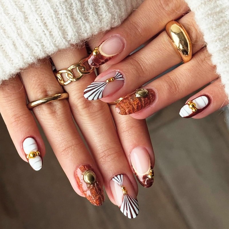 Uñas postizas de almendra, color marrón, tamaño mediano, estilo francés,