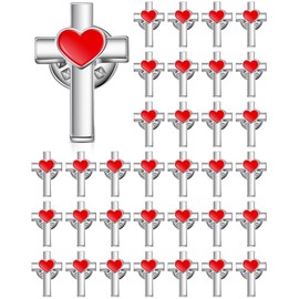 Yinkin 50 Pcs Small Cross with Heart Lapel Pins Brooch Bulk Religious Christian Chaplain Funeral Church Prayer Condolence (Silver)