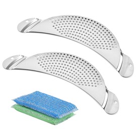 RoxNvm Pouring Aid for Pots, Set of 2 Pasta Strainers, Stainless Steel, Diameter 26 cm, Pouring Aid for Pots with Cleaning Sponge, Stainless Steel Colander, Pot Strainer, Strainer Strainer for Cooking