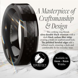 Mens Black Titanium Black Carbon Fiber Inlaid Wedding Ring - Polished Beveled Comfort Fit - 6mm Wide - Style name: OXYN - Ring Size 7