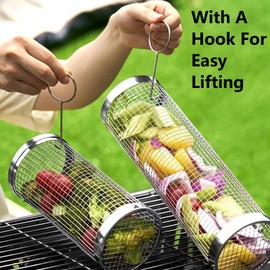 Rolling Grill Baskets, Stainless Steel Grill Mesh, Rolling Grill Baskets for Outdoor Grill, Portable Grill Nets Cylinder for Shrimp, Meat Barbecue Camping Picnic with Fork&Handle,7.8IN,2Pack