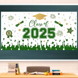 Graduation Decorations 2025 - Green Gold Congrats Grad Plastic Backdrop Banner, Large Class of 2025 Grad Backdrops Photo Props for Graduation Party Decoration Photography Supplies, 65 x 32.7 Inch