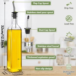 Showvigor Olive Oil Dispenser Bottle, Oil and Vinegar Cruet Bottle 17 oz/500 ml, Square Tall Glass Oil Container with 2 Stainless Steel Pourers, 2 Labels,1 Brush and 1 Funnel Oil Bottles for Kitchen