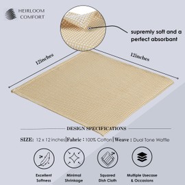 HEIRLOOM COMFORT 12 Pack Dual Tone Waffle Weave Dish Cloth, 12x12 Inch, 100% Cotton Dishcloth Set, Super Absorbent, Fast Dry, Teal Towels, Soft Hand Towel, Durable Dish Rags & Wash Cloth, Beige