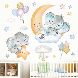 Fufuquare Cartoon Moons Stars Clouds Wall Sticker Elephant Balloons Animals Wall Sticker Removable Vinyl for Home Decoration